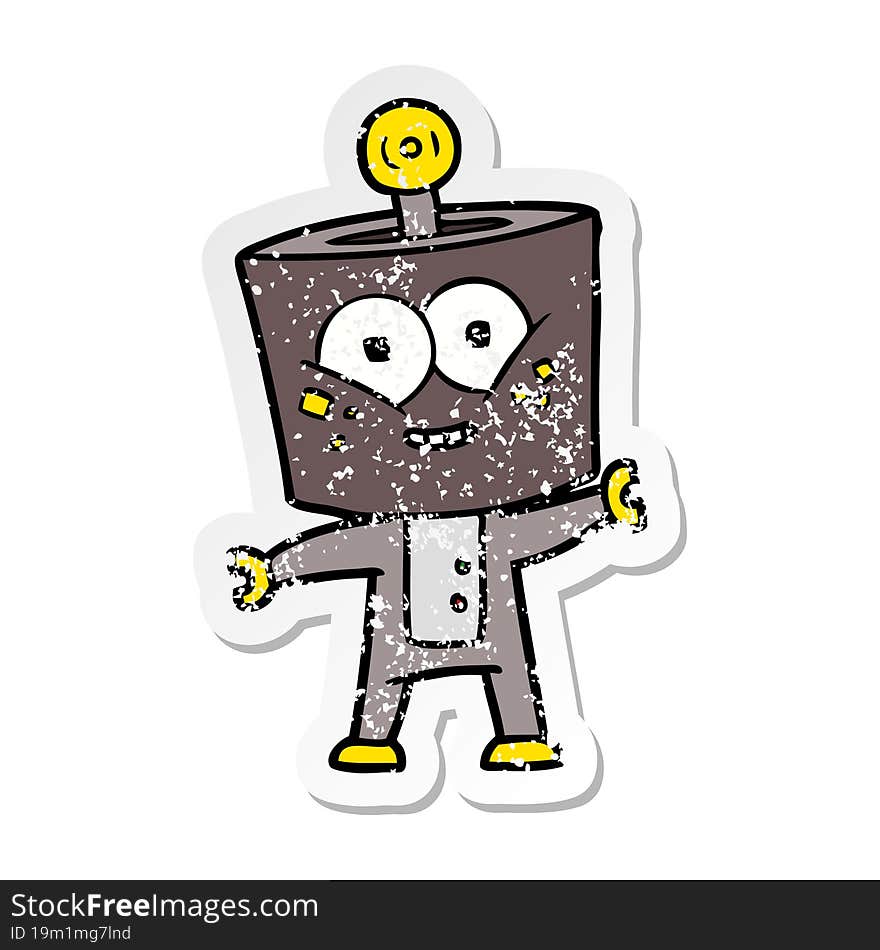 distressed sticker of a happy cartoon robot