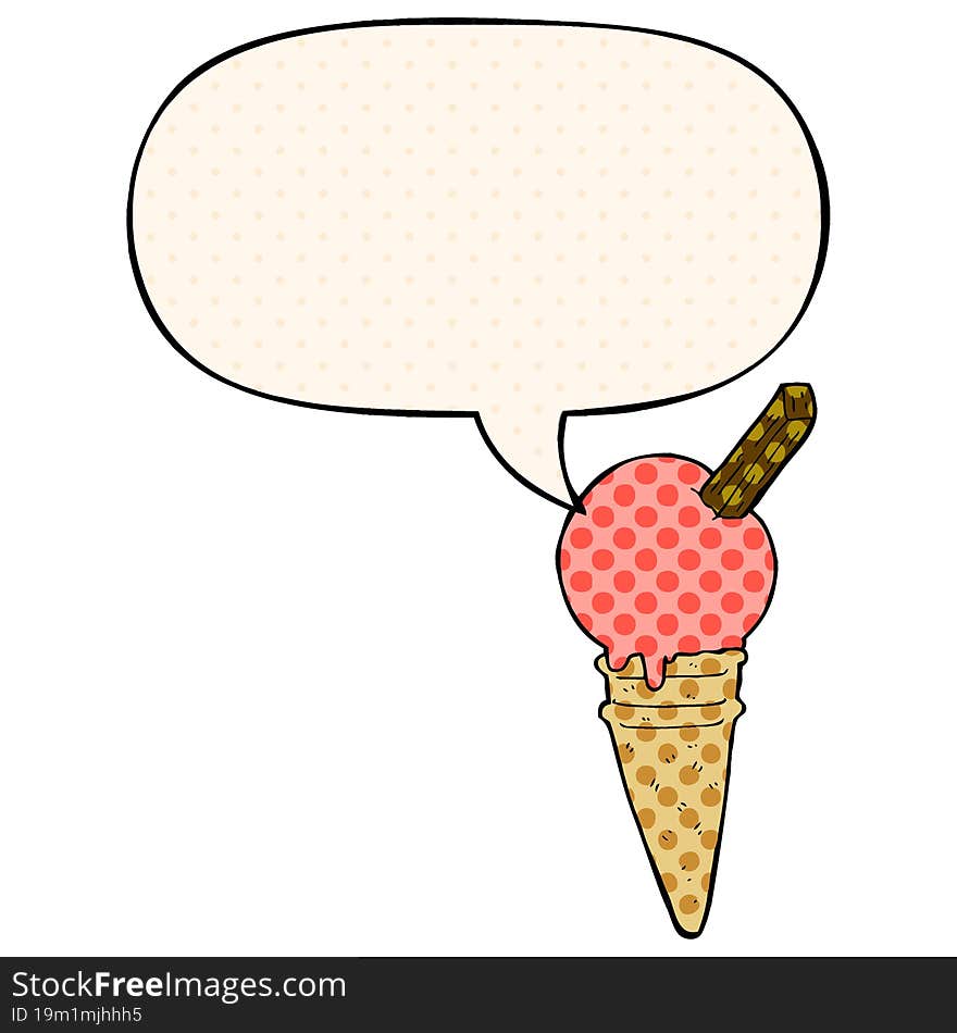 cartoon ice cream and speech bubble in comic book style