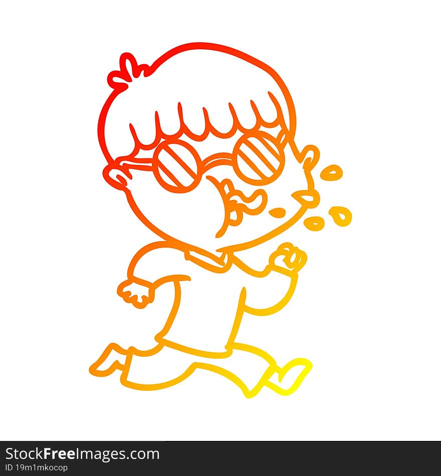 warm gradient line drawing cartoon boy wearing spectacles and running