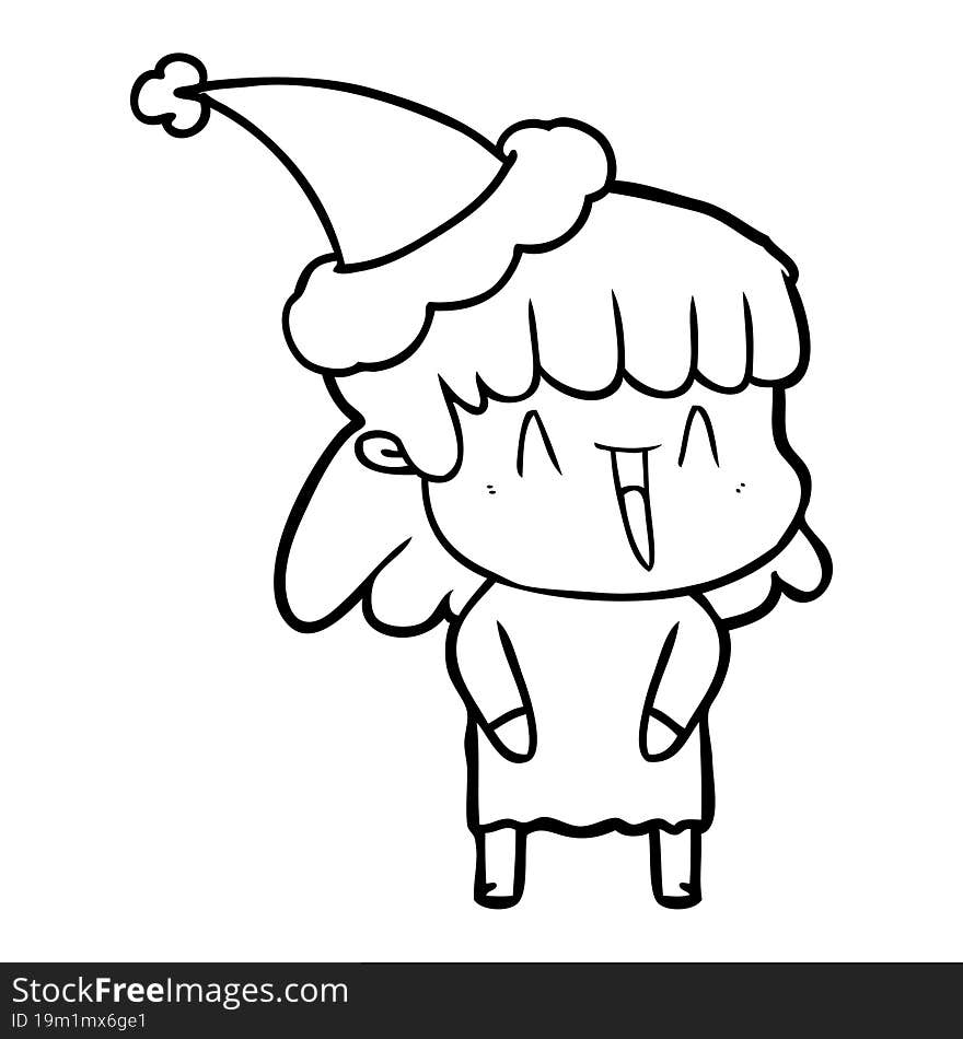 hand drawn line drawing of a woman wearing santa hat