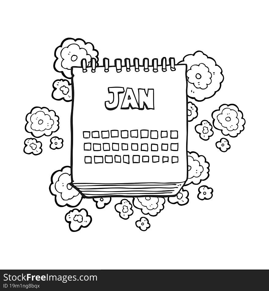 black and white cartoon calendar showing month of january