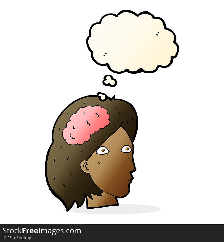 cartoon female head with brain symbol with thought bubble