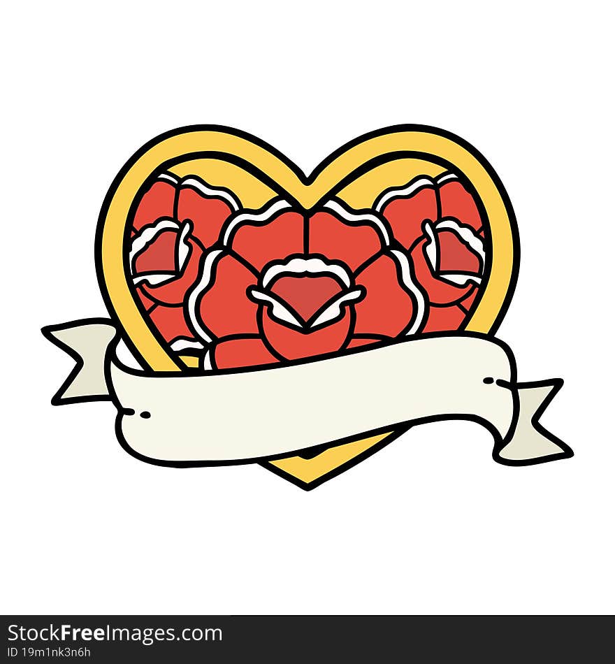 tattoo in traditional style of a heart and banner with flowers. tattoo in traditional style of a heart and banner with flowers