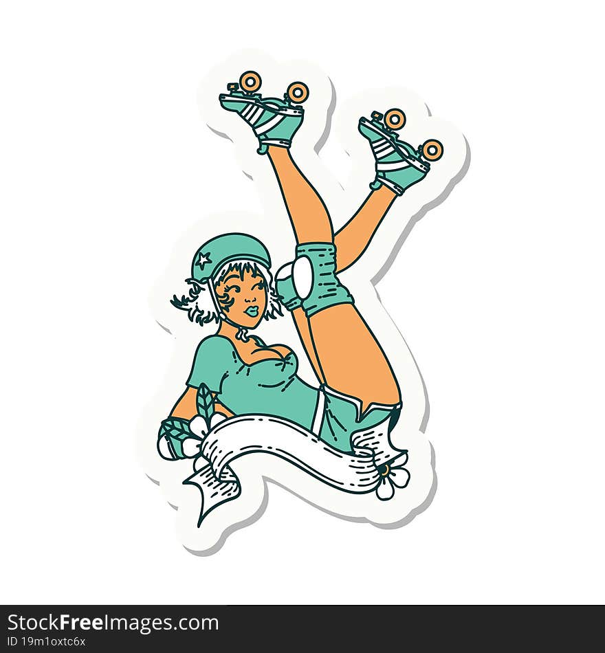 tattoo sticker of a pinup roller derby girl with banner