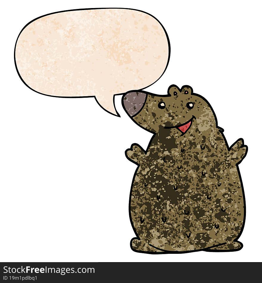 cartoon happy bear and speech bubble in retro texture style