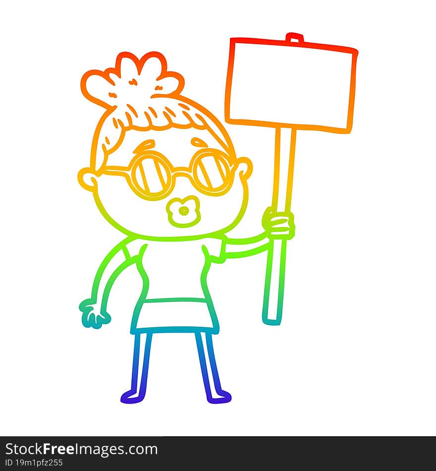 rainbow gradient line drawing cartoon protester woman wearing spectacles