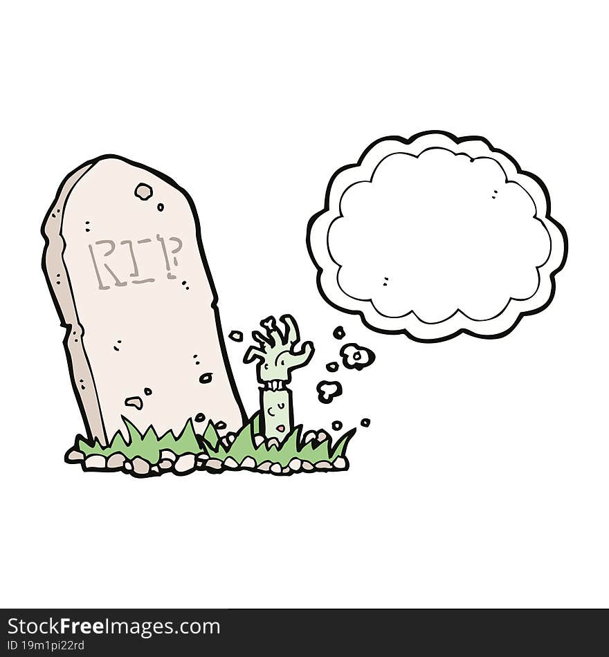 cartoon zombie rising from grave with thought bubble