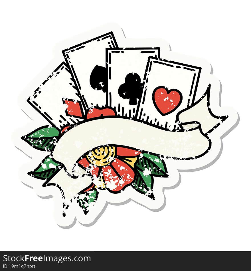 traditional distressed sticker tattoo of cards and banner