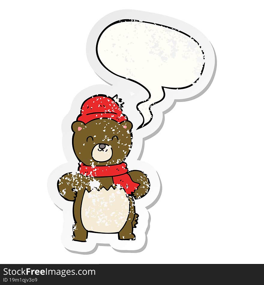 cute cartoon bear and speech bubble distressed sticker