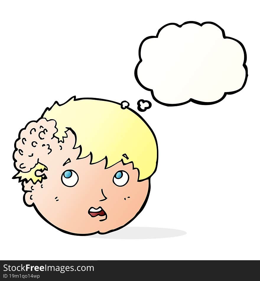 cartoon boy with ugly growth on head with thought bubble