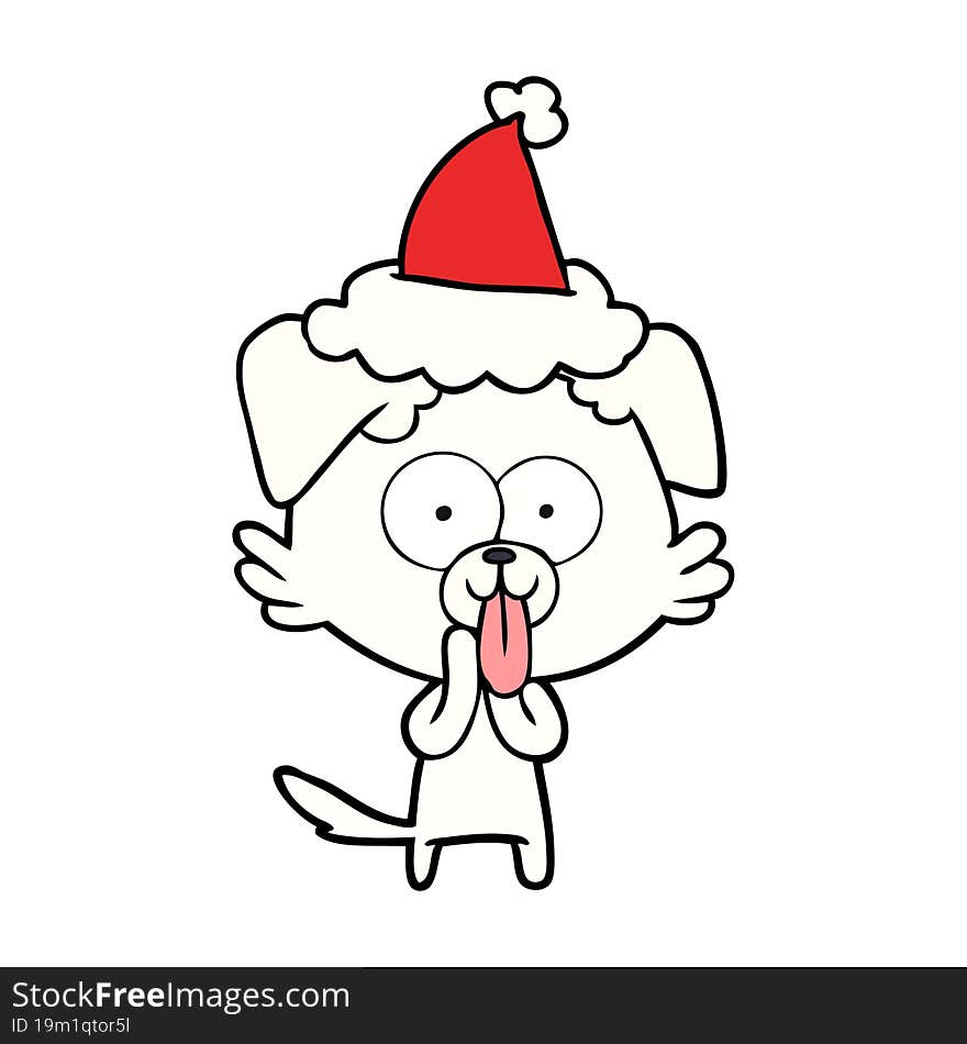 line drawing of a dog with tongue sticking out wearing santa hat