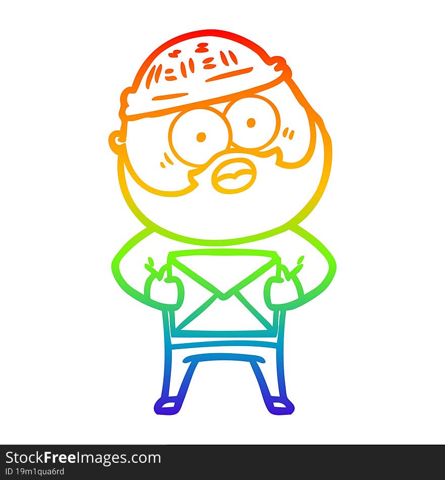 rainbow gradient line drawing of a cartoon surprised bearded man holding letter