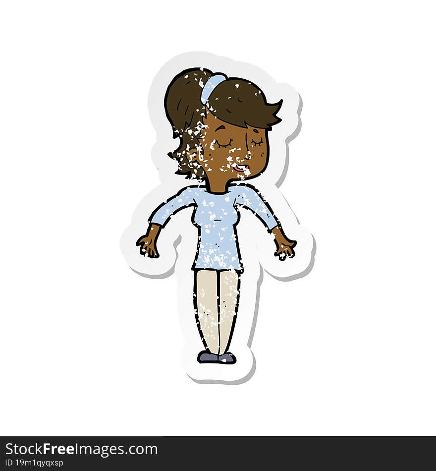 retro distressed sticker of a cartoon friendly woman shrugging shoulders