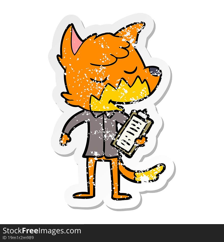 distressed sticker of a friendly cartoon fox manager