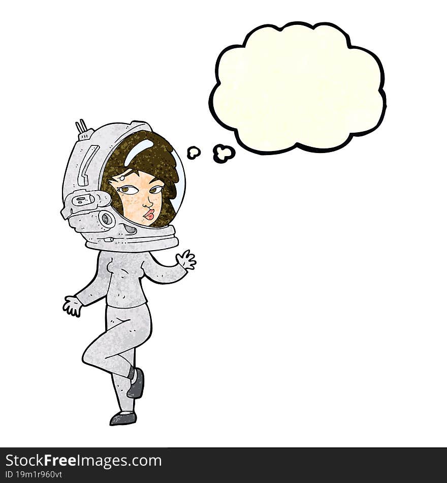 cartoon woman wearing space helmet with thought bubble