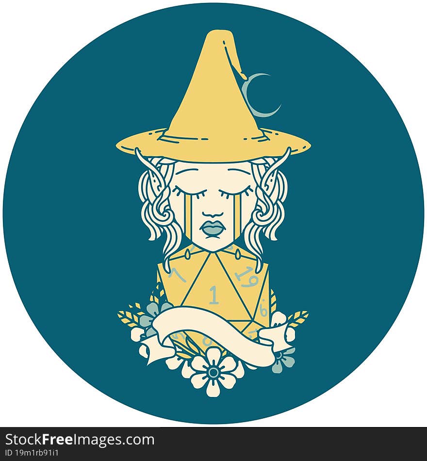 crying elf mage character face with natural one D20 roll illustration