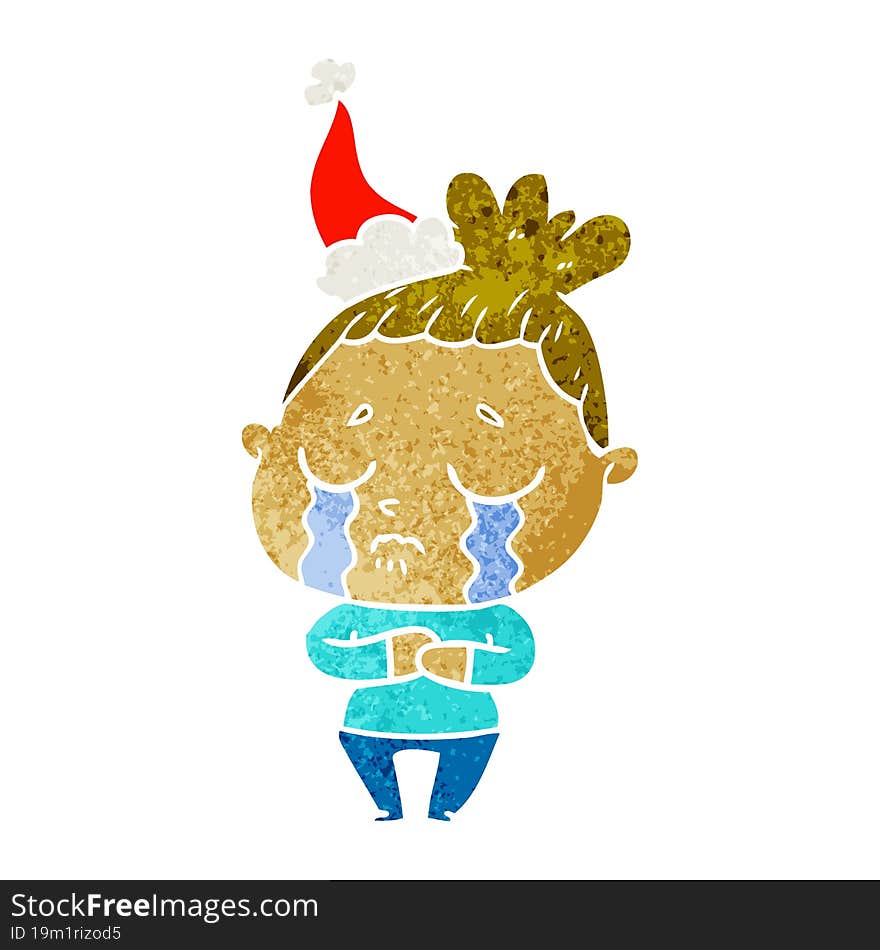 retro cartoon of a crying woman wearing santa hat