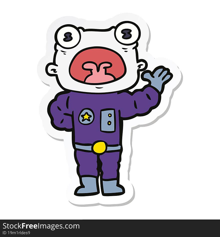 sticker of a cartoon weird alien waving