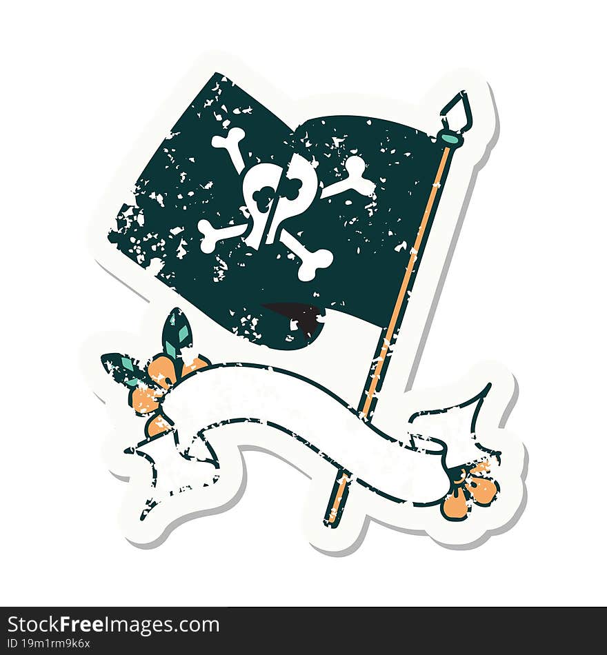 grunge sticker with banner of a pirate flag