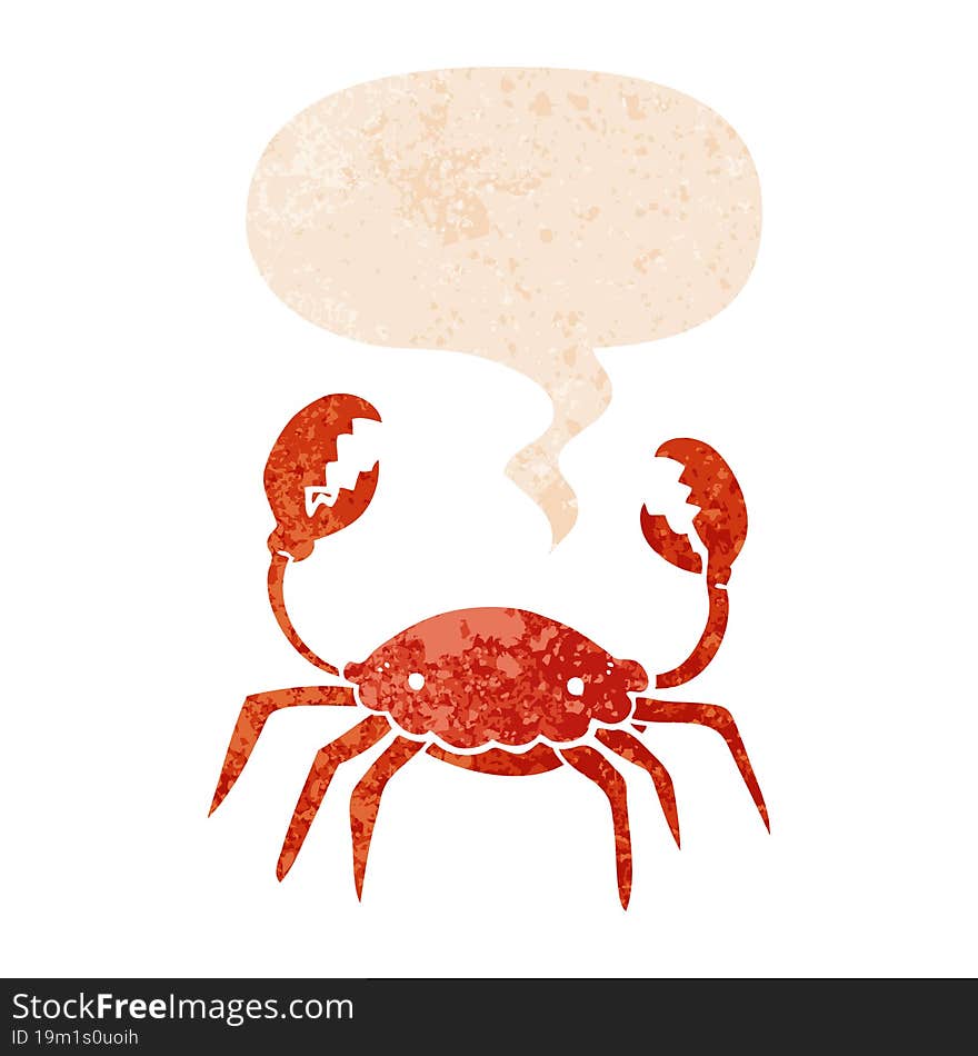 cartoon crab and speech bubble in retro textured style