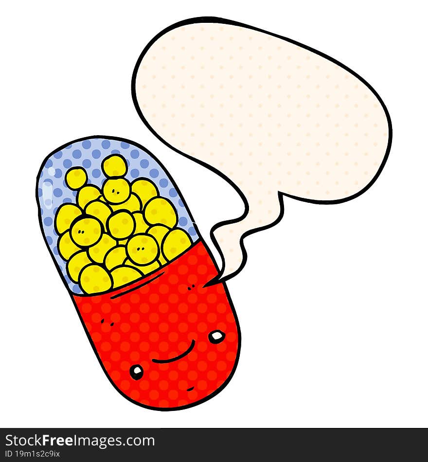 cartoon pill with speech bubble in comic book style