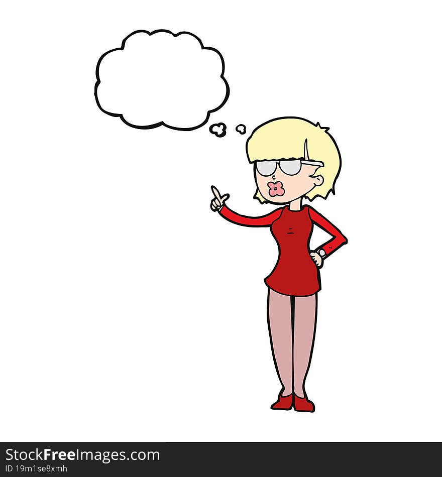 cartoon woman wearing spectacles with thought bubble