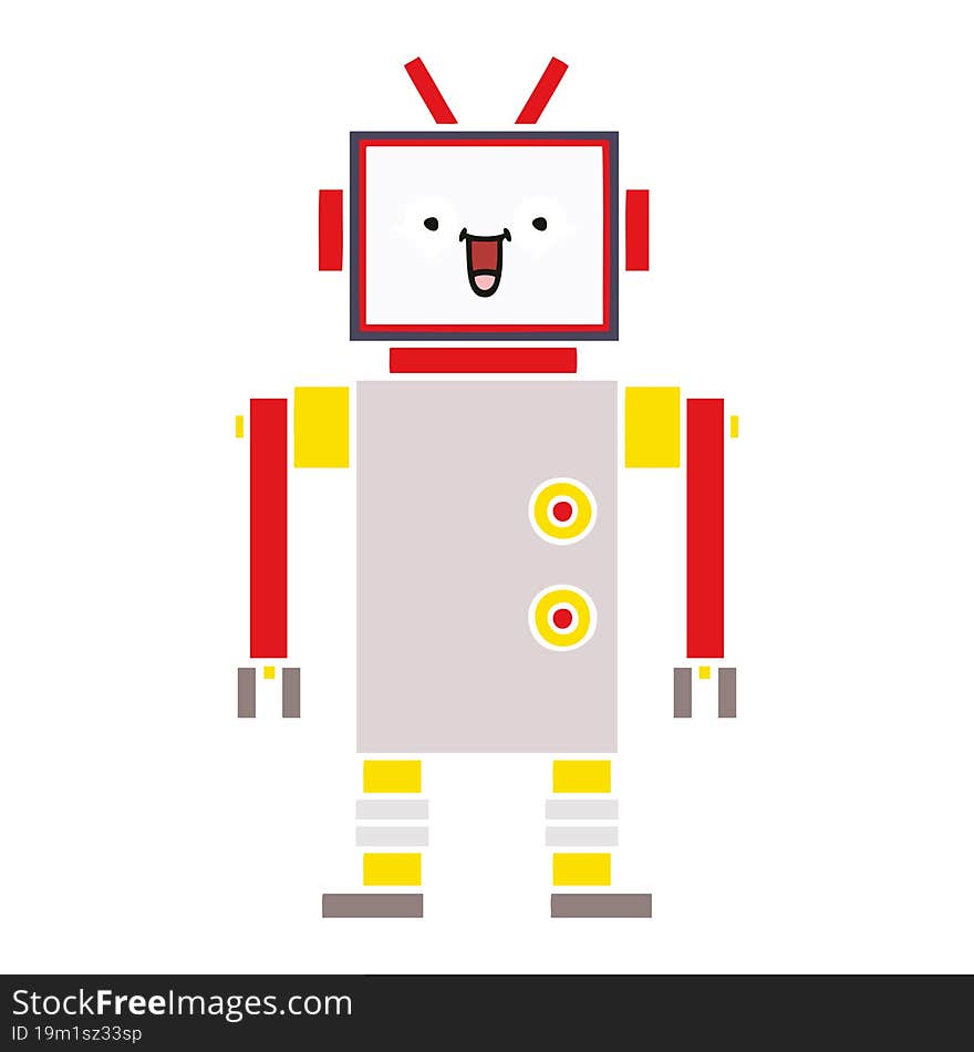 flat color retro cartoon of a happy robot