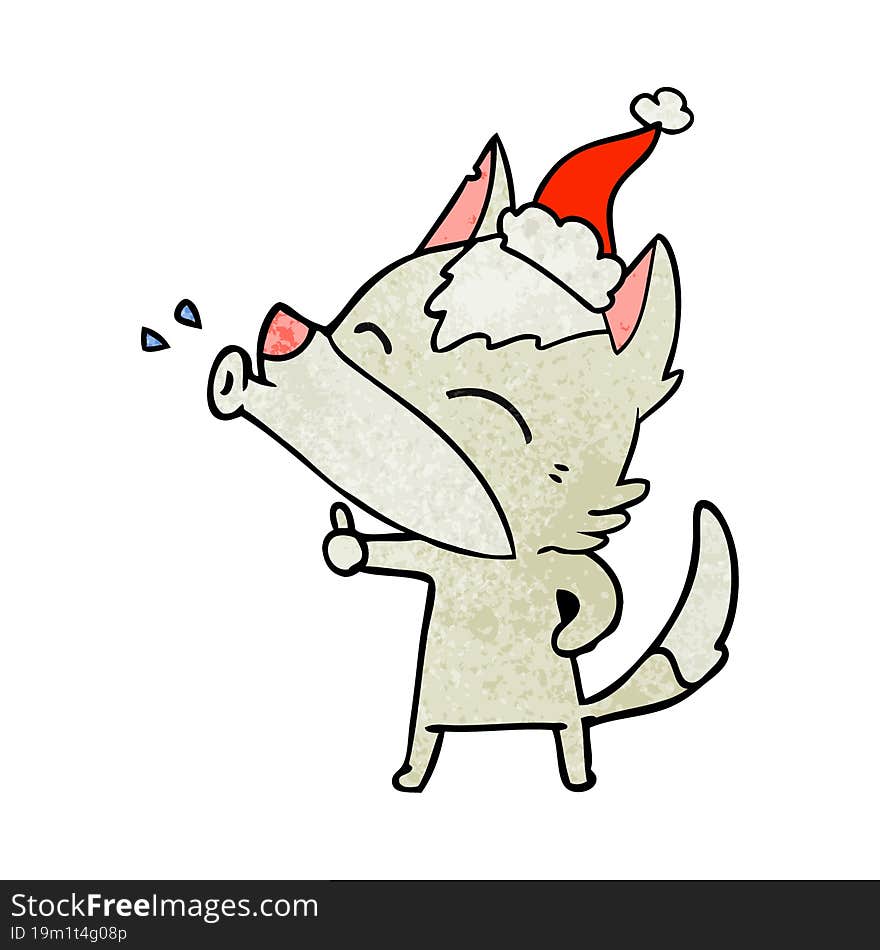 howling wolf textured cartoon of a wearing santa hat