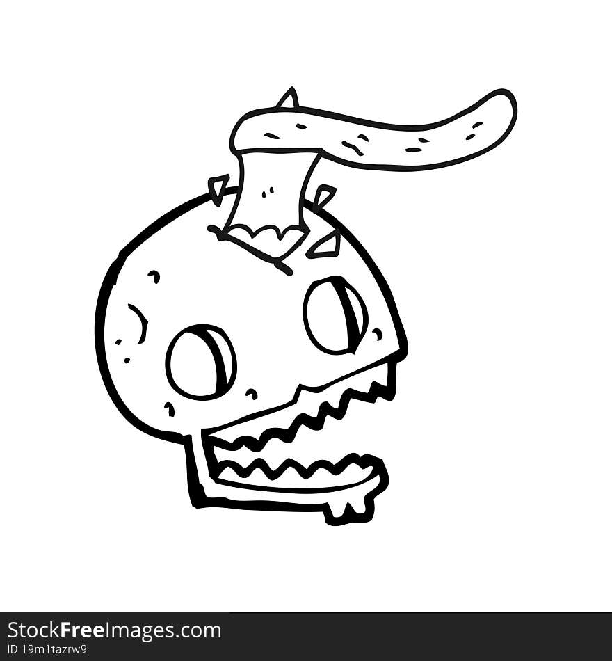 freehand drawn black and white cartoon axe in skull