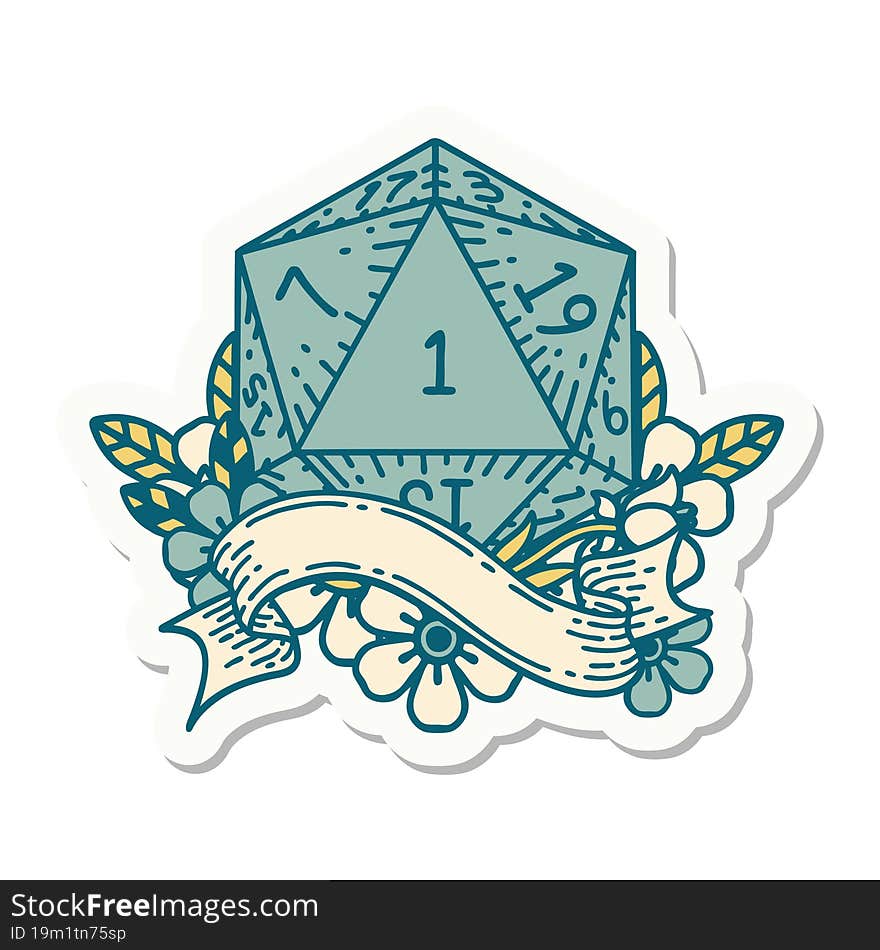 sticker of a natural one d20 dice roll. sticker of a natural one d20 dice roll