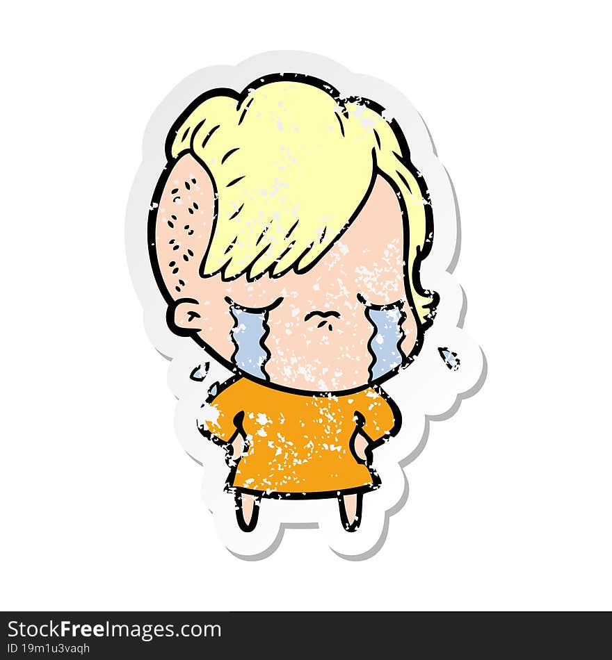 distressed sticker of a cartoon crying girl