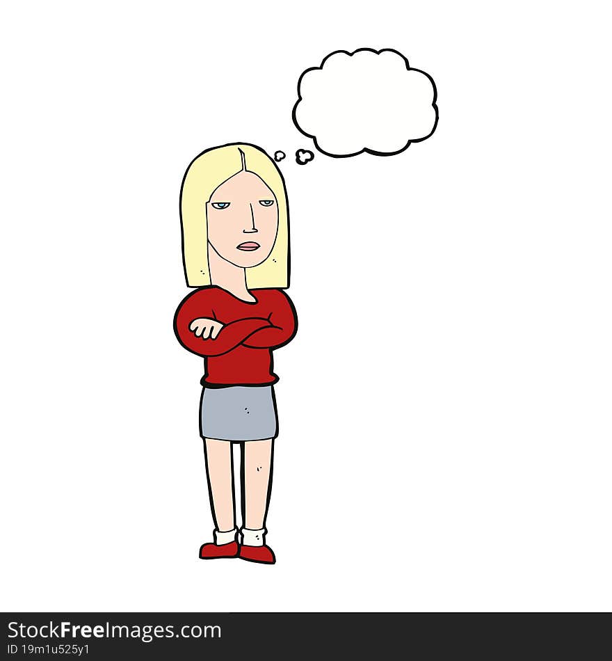 cartoon woman with folded arms with thought bubble