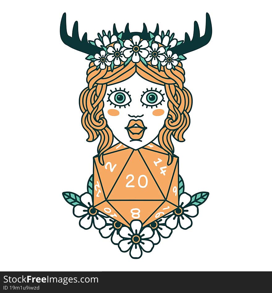 human druid with natural twenty dice roll illustration