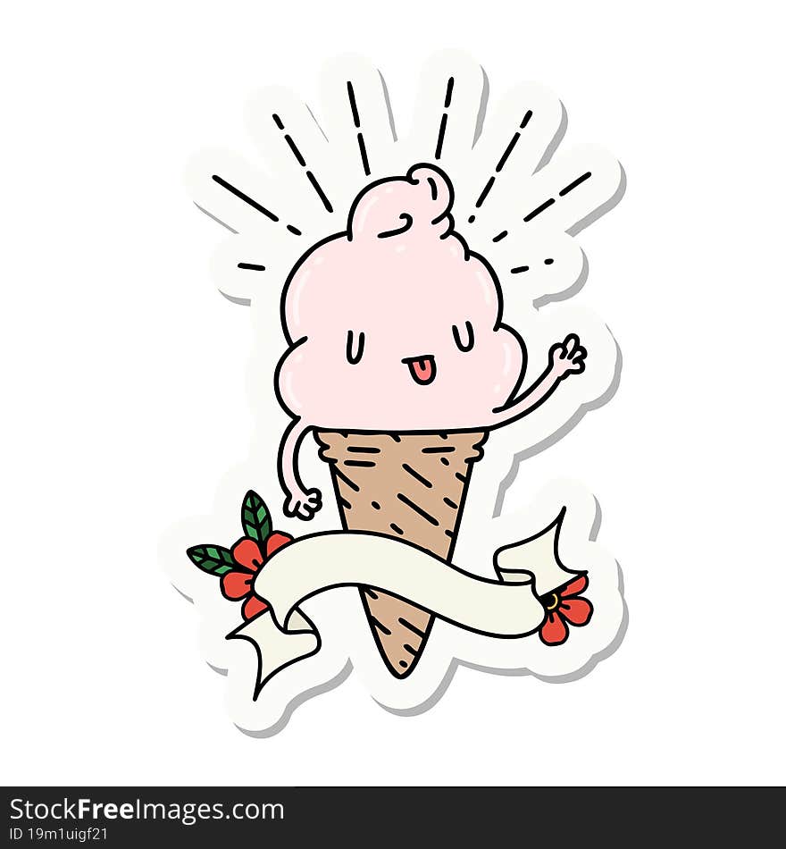 sticker of tattoo style ice cream character waving