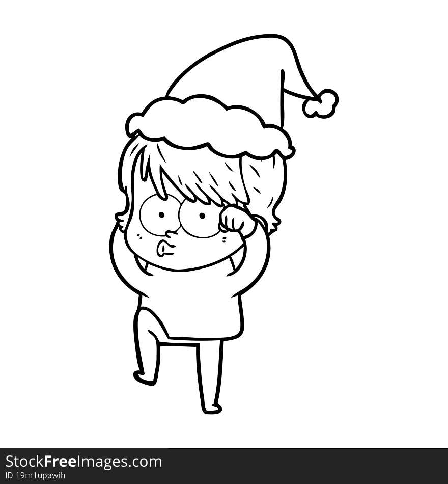 hand drawn line drawing of a woman wearing santa hat