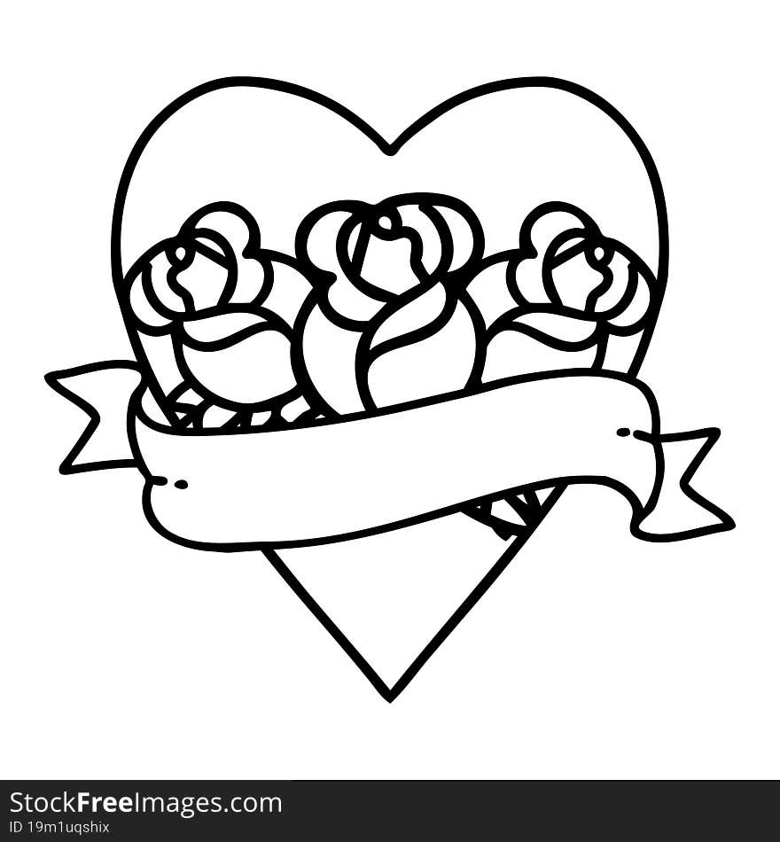 tattoo in black line style of a heart and banner with flowers. tattoo in black line style of a heart and banner with flowers