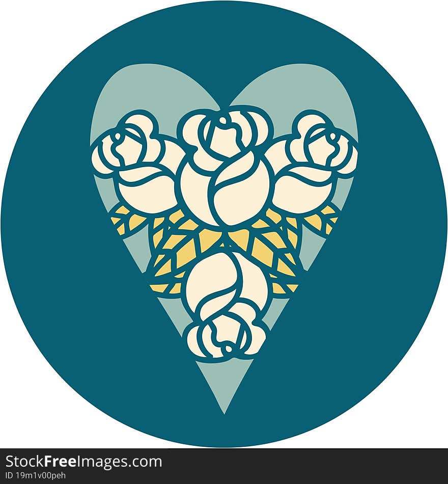 iconic tattoo style image of a heart and flowers. iconic tattoo style image of a heart and flowers