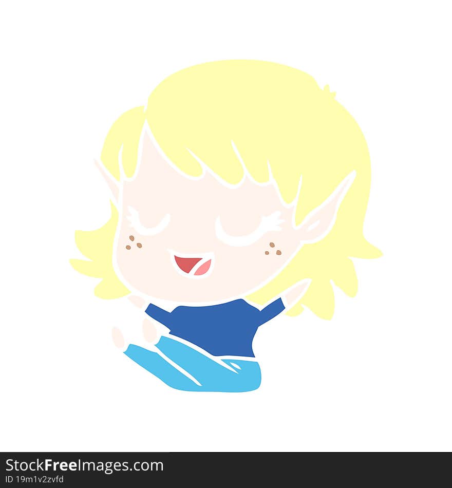 Happy Flat Color Style Cartoon Elf Girl Sitting