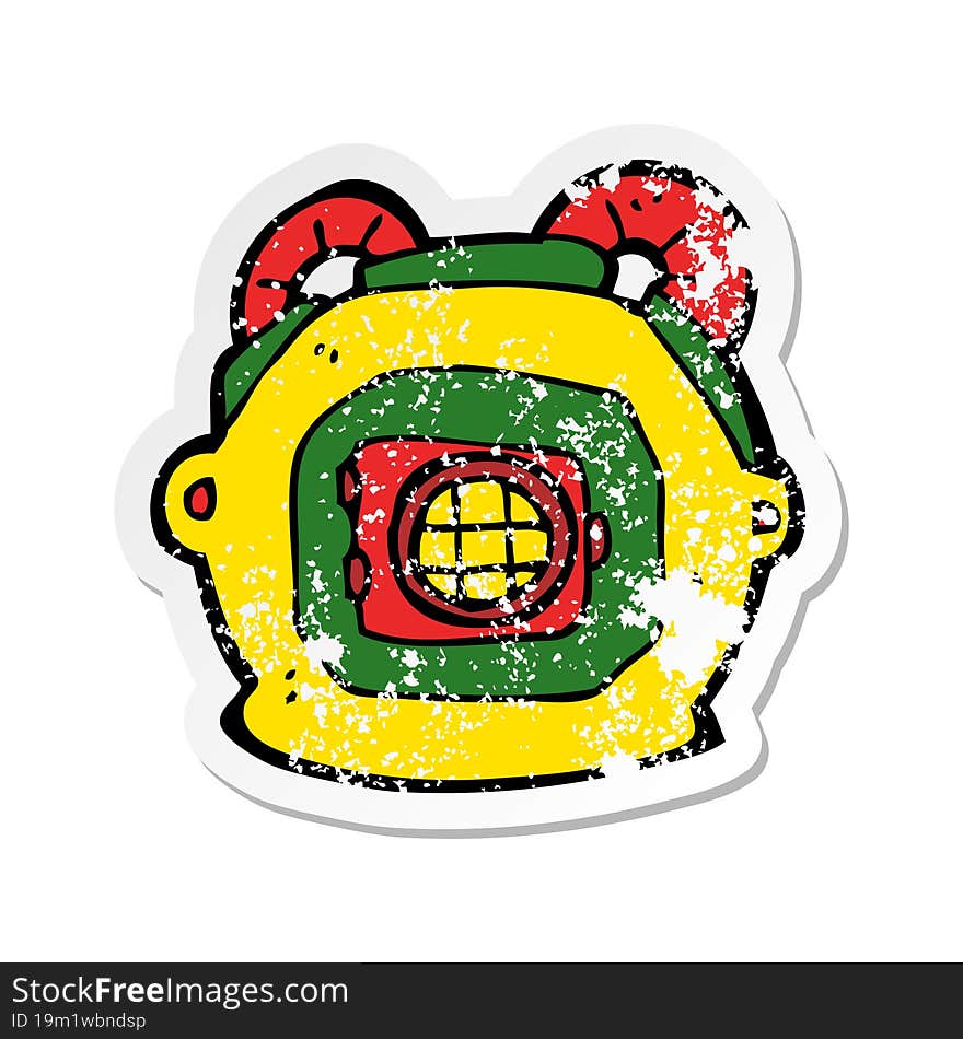 Retro Distressed Sticker Of A Cartoon Old Deep Sea Diver Helmet