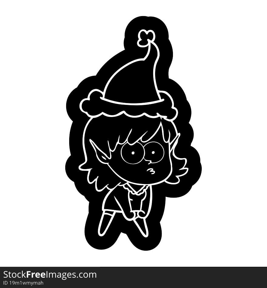 cartoon icon of a elf girl staring and crouching wearing santa hat