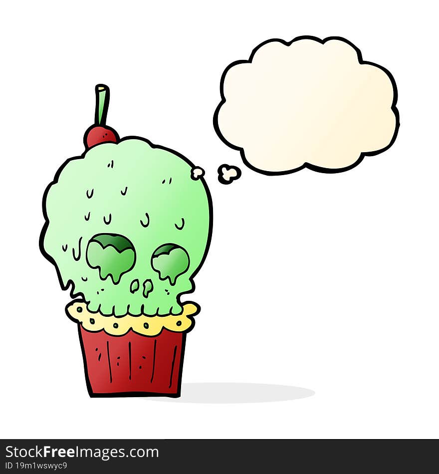 Cartoon Spooky Skull Cupcake With Thought Bubble