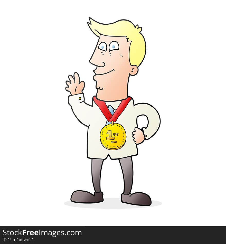 cartoon waving man with award