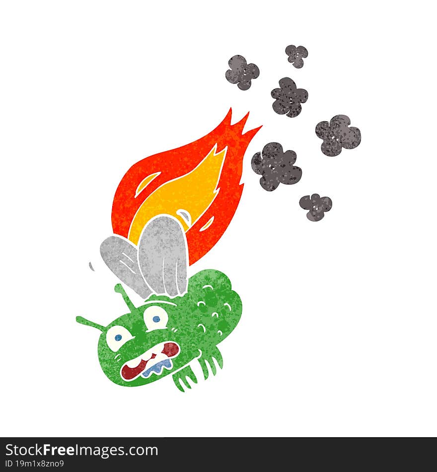 freehand retro cartoon fly crashign and burning. freehand retro cartoon fly crashign and burning