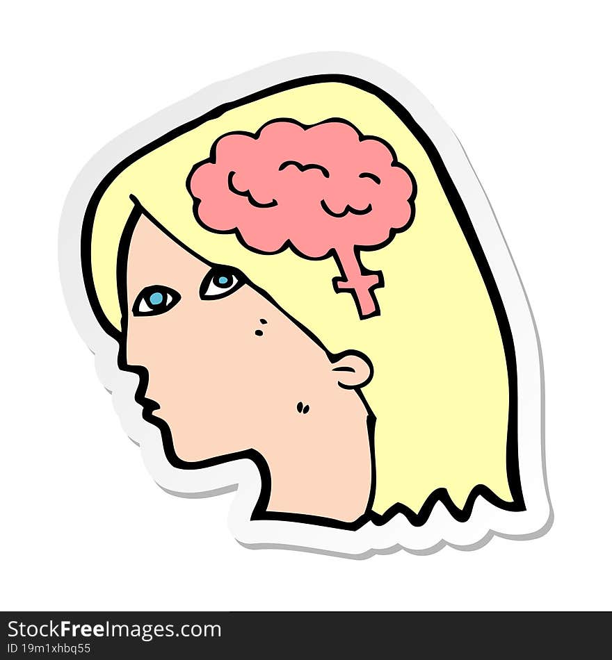 sticker of a cartoon female head with brain symbol