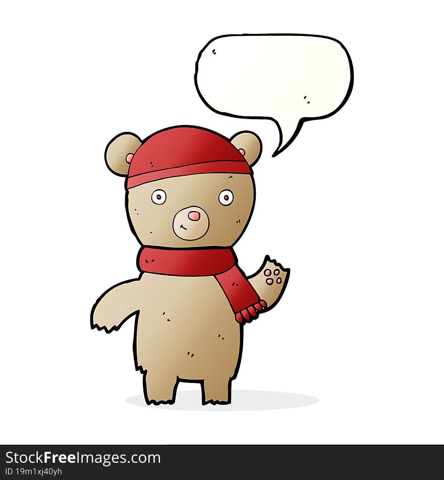 cartoon waving teddy bear with speech bubble