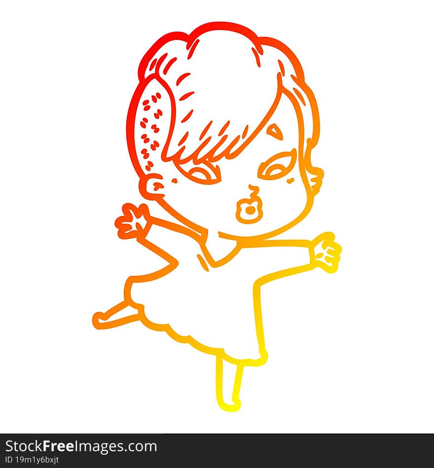 Warm Gradient Line Drawing Cartoon Surprised Girl In Black Dress