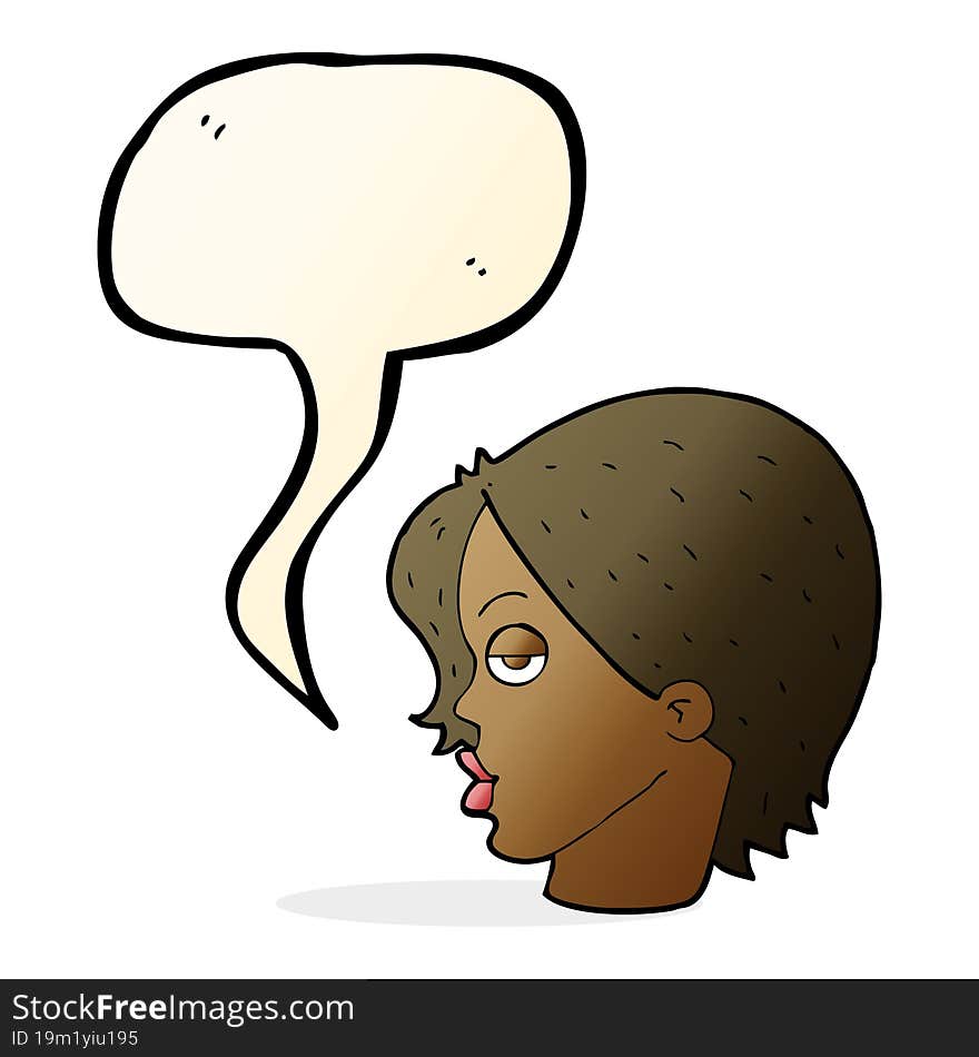 cartoon woman raising eyebrow with speech bubble