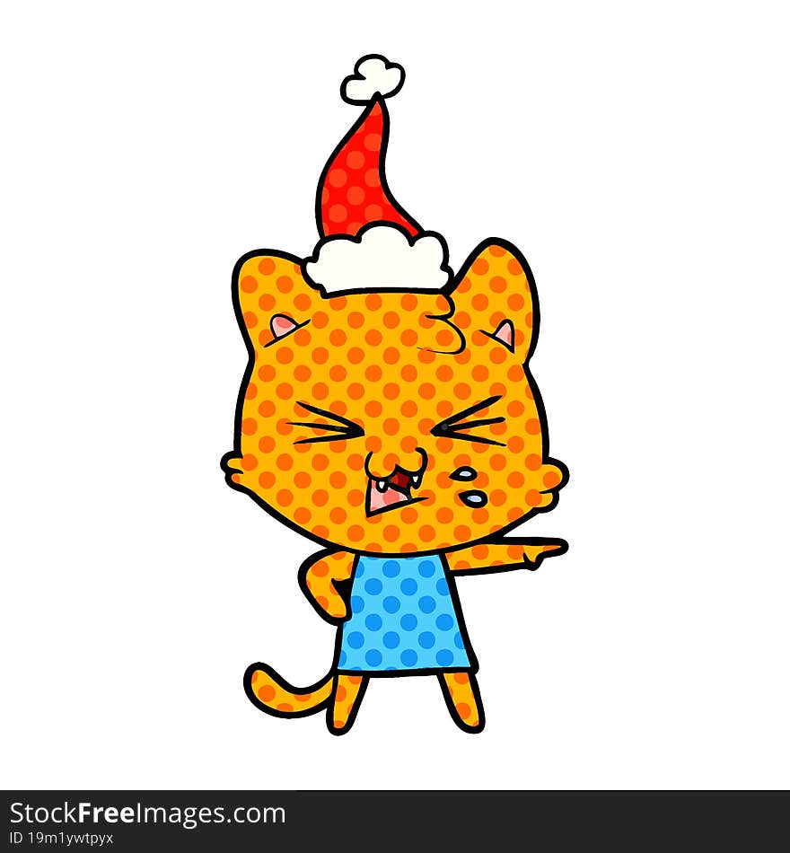 comic book style illustration of a hissing cat wearing santa hat