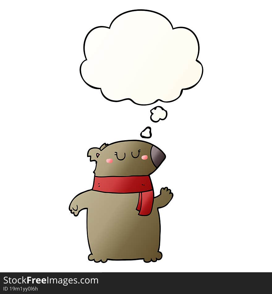 cartoon bear with scarf and thought bubble in smooth gradient style