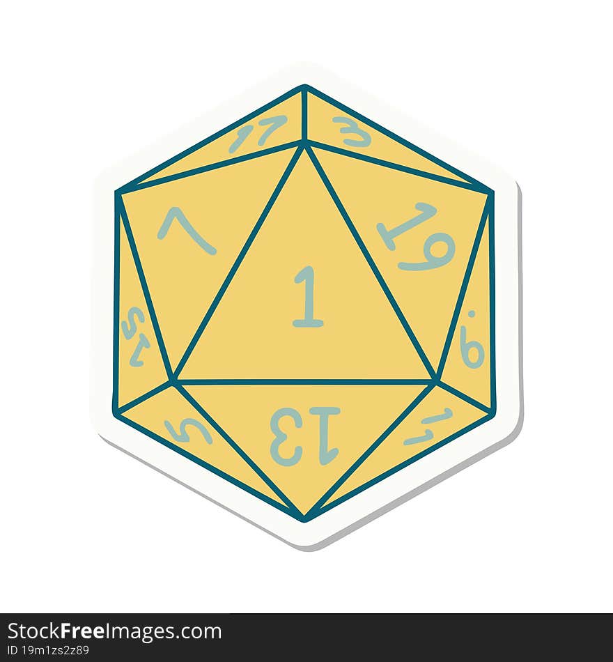 sticker of a natural 1 D20 dice roll. sticker of a natural 1 D20 dice roll